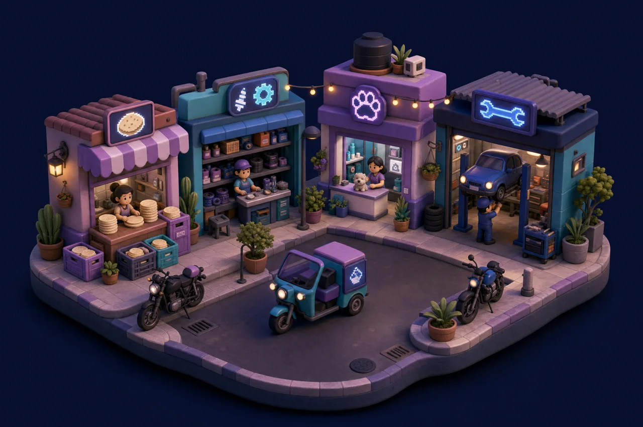 Diorama isométrico de una calle de negocios: tortillería, refaccionaria, veterinaria y taller