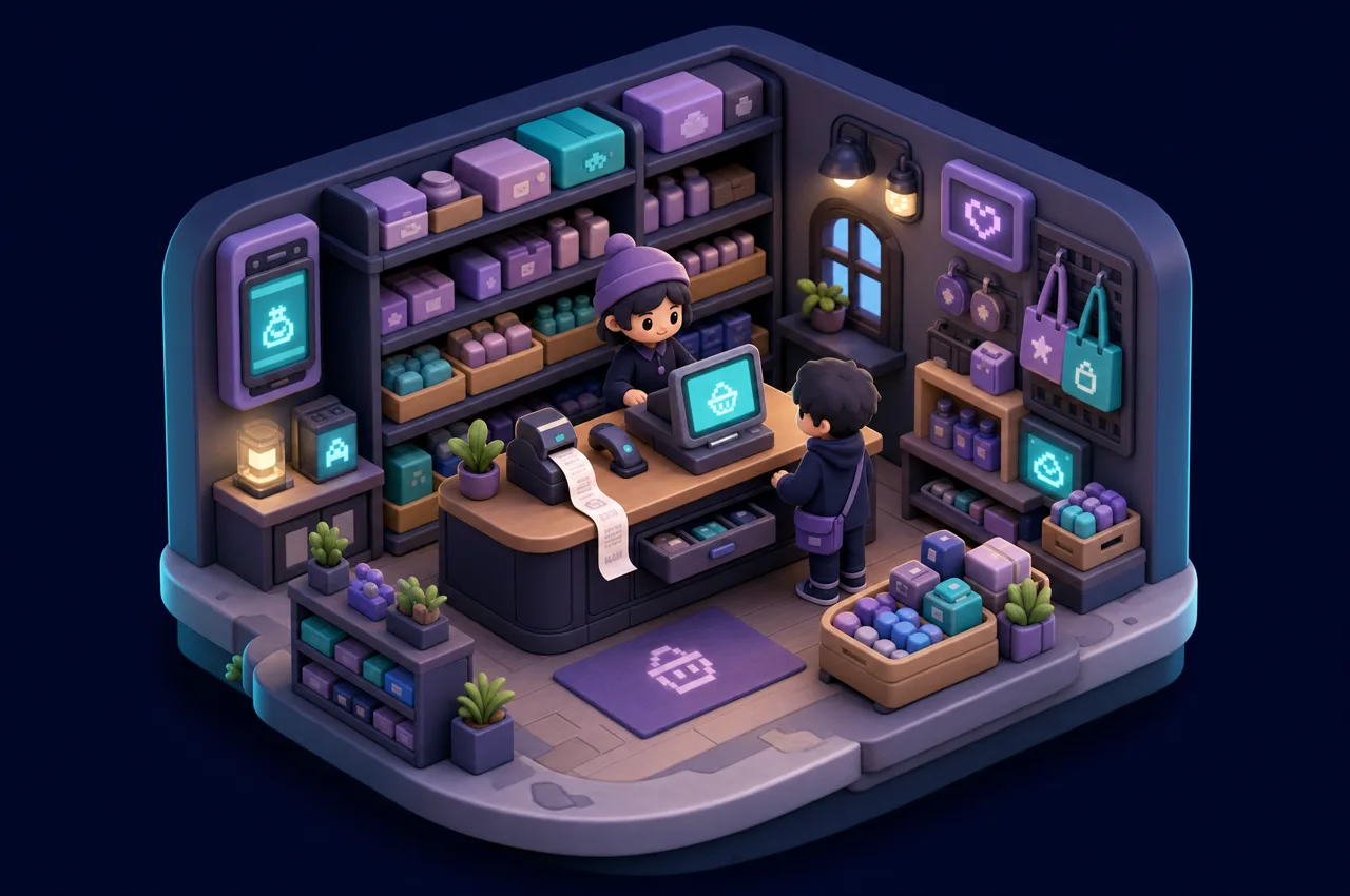 Diorama isométrico del mostrador de una tienda con el punto de venta y el ticket saliendo