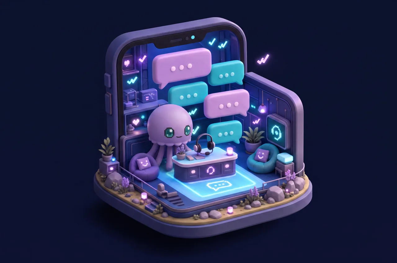 Diorama isométrico del interior de un teléfono con burbujas de conversación y la mascota atendiendo