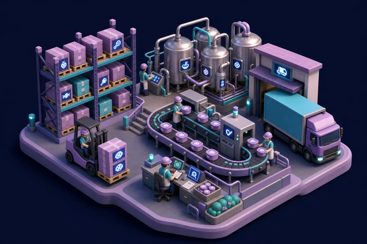 Diorama isométrico de una planta de producción con racks, montacargas y línea de empaque