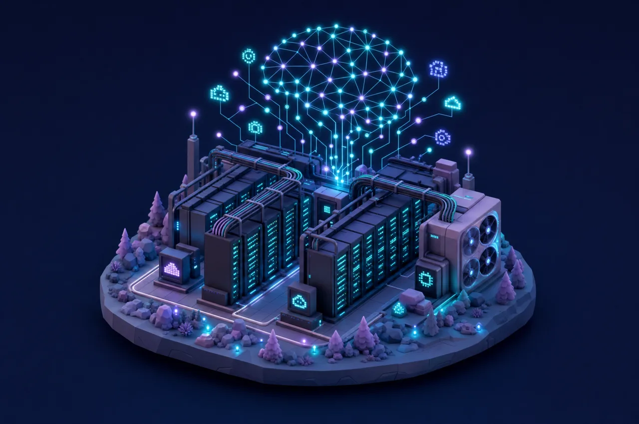Diorama isométrico de un centro de datos cuyos racks se disuelven en una red de nodos conectados